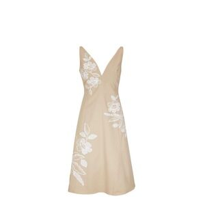 Carolina Herrera Floral Embroidered Tan A-Line Midi Dress Sz 6 Quiet Luxury